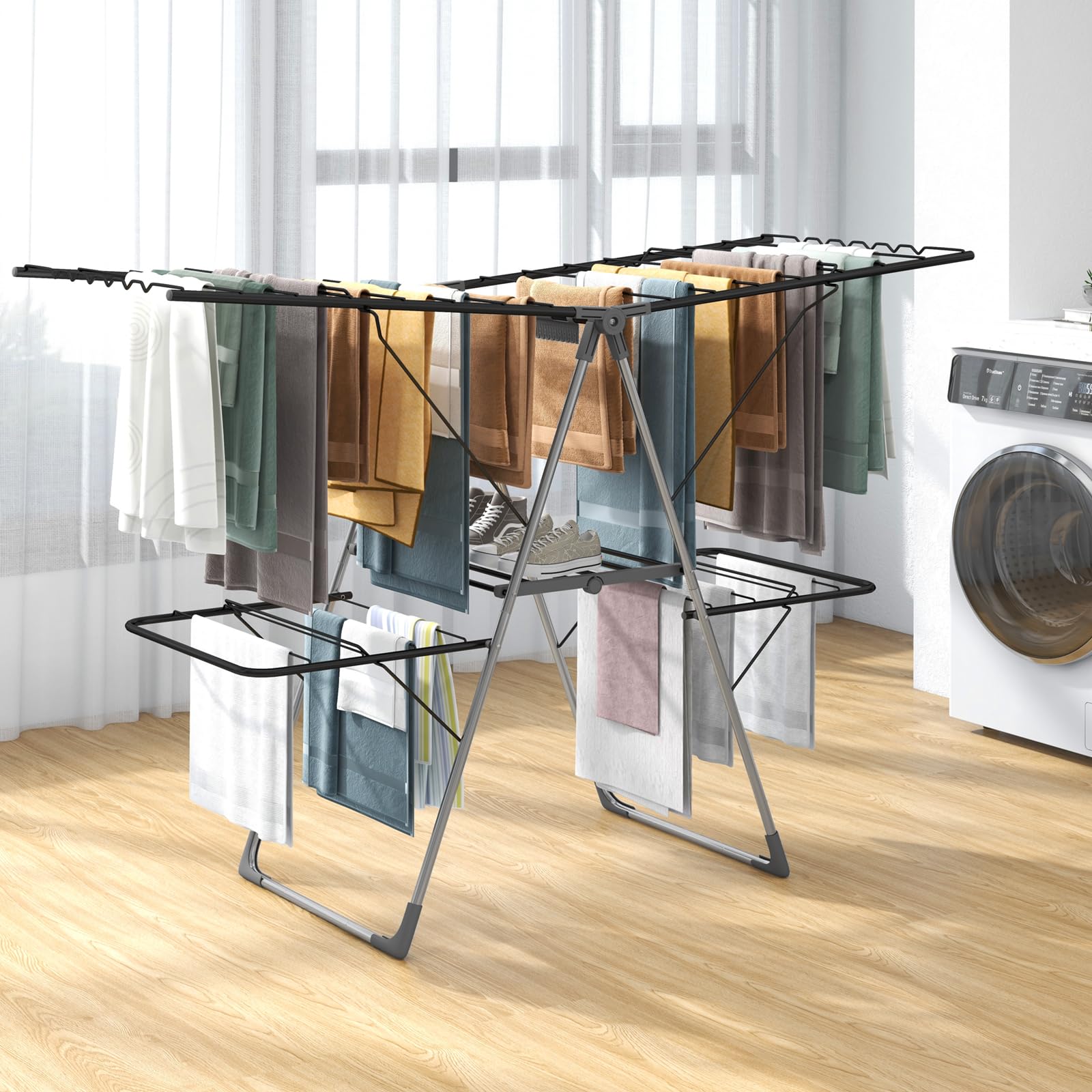 Tangkula Laundry Drying Rack, Foldable Clothes Drying Rack with Height Adjustable Wings, 33 Drying Rails & Sock Clips, Freestanding Gullwing Garment Stand for Indoor & Outdoor Use (Sliver+Grey)