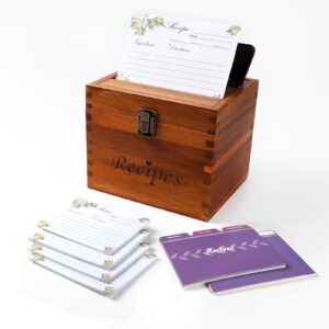 acacia recipe box with 50 blank recipe cards and 24 dividers | wooden recipe box with divider tabs, 2 compartment | wood recipe box with double sided 4 x 6 recipe cards and box set