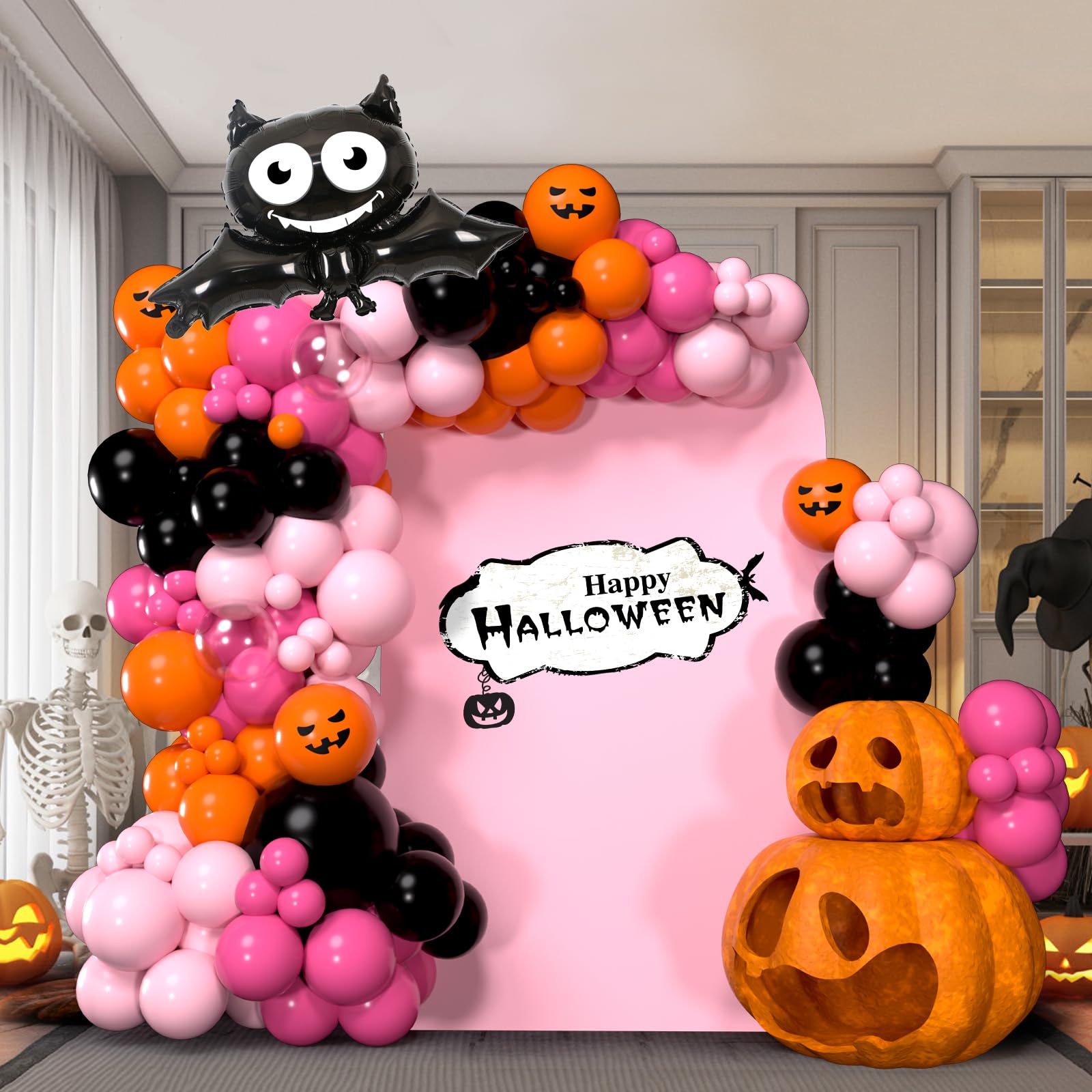 BACOKEY Halloween Balloons Halloween Balloon Garland Arch Kit With Black Orange Hot Pink Balloons Ghost Bat Foil Balloon for Baby Shower Birthday Party Halloween Party Decoration