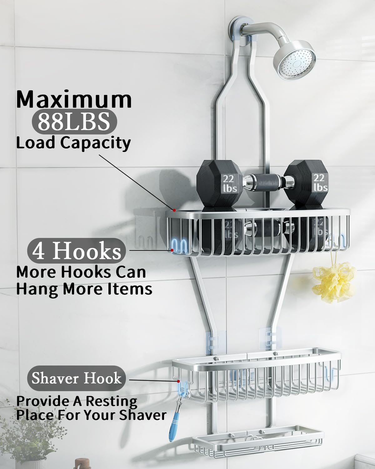 Shower Caddy Hanging Bathroom Organizer: Over Head Long Rack for Tall Showerhead - Extra Large Shelf for Big Shampoo Bottles with Soap Holder