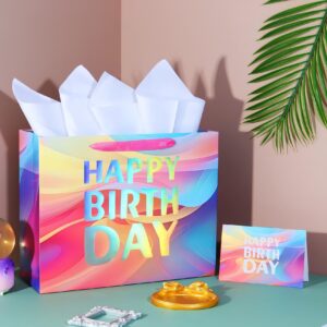 PARNOG 13" Large Happy Birthday Gift Bag with Tissue Paper and Card for Girls Kids Women Birthday