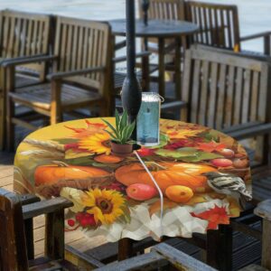 Huotupsine Fall Thanksgiving Outdoor Tablecloth - 60 Inch Round Dining Table Cover, Pumpkins Birds Sunflower Oil Painting Waterproof Outdoor Table Cloth with Umbrella Hole & Zipper for Picnic/Patio