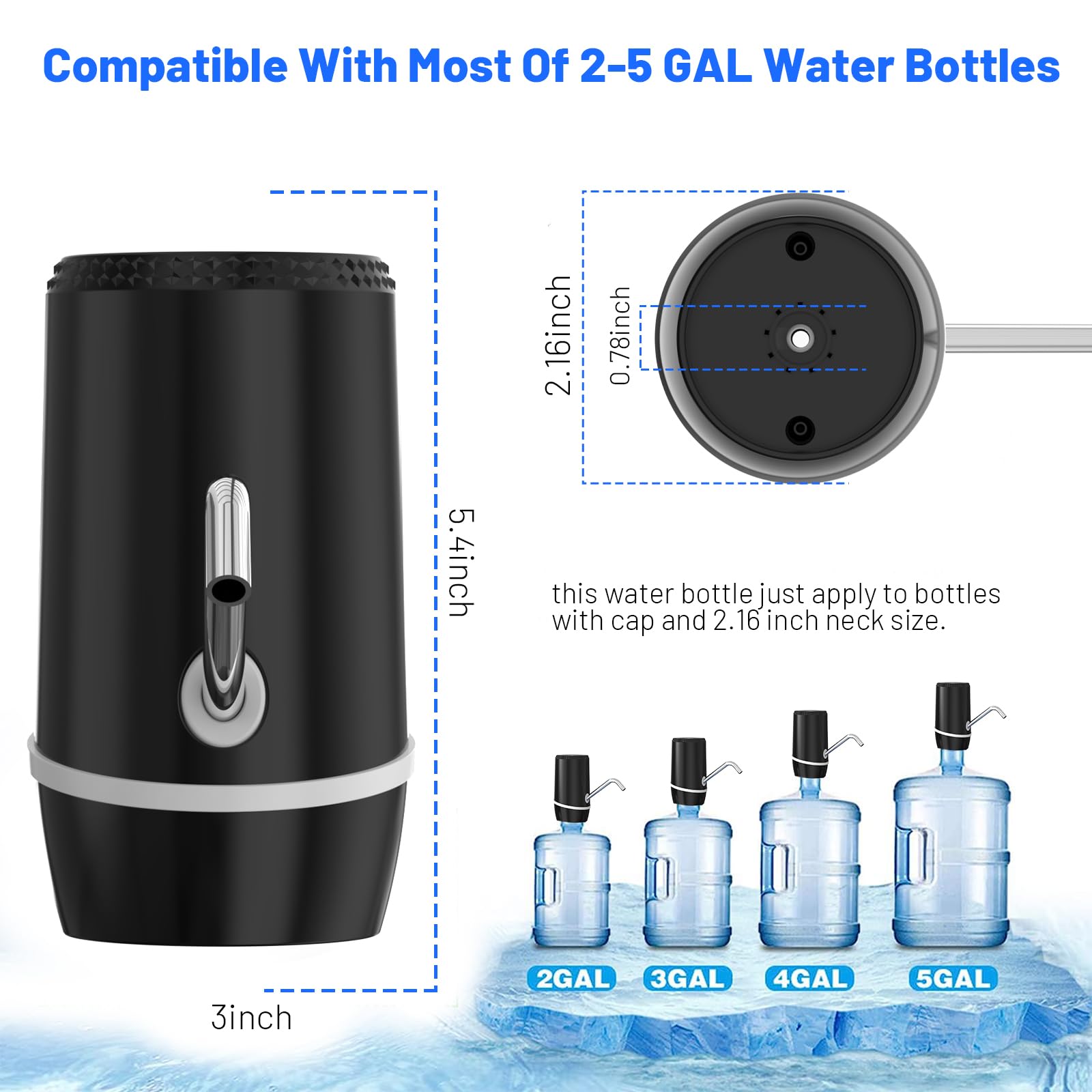 2-5 Gallon Portable Water Dispenser, Water Bottle Pump Rechargeable for 5 Gallon with Silicone Cap, Automatic Drinking Water Jug Dispenser Black