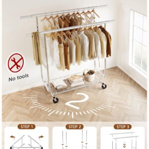 Hoctieon 2-Minute Assembly Double Rod Clothes Rack, Heavy Duty Rolling Clothing Racks with Wheels, Foldable Commercial Garment Rack, Extendable Hanging Bar, Adjustable Metal Pole with Hooks, Chrome