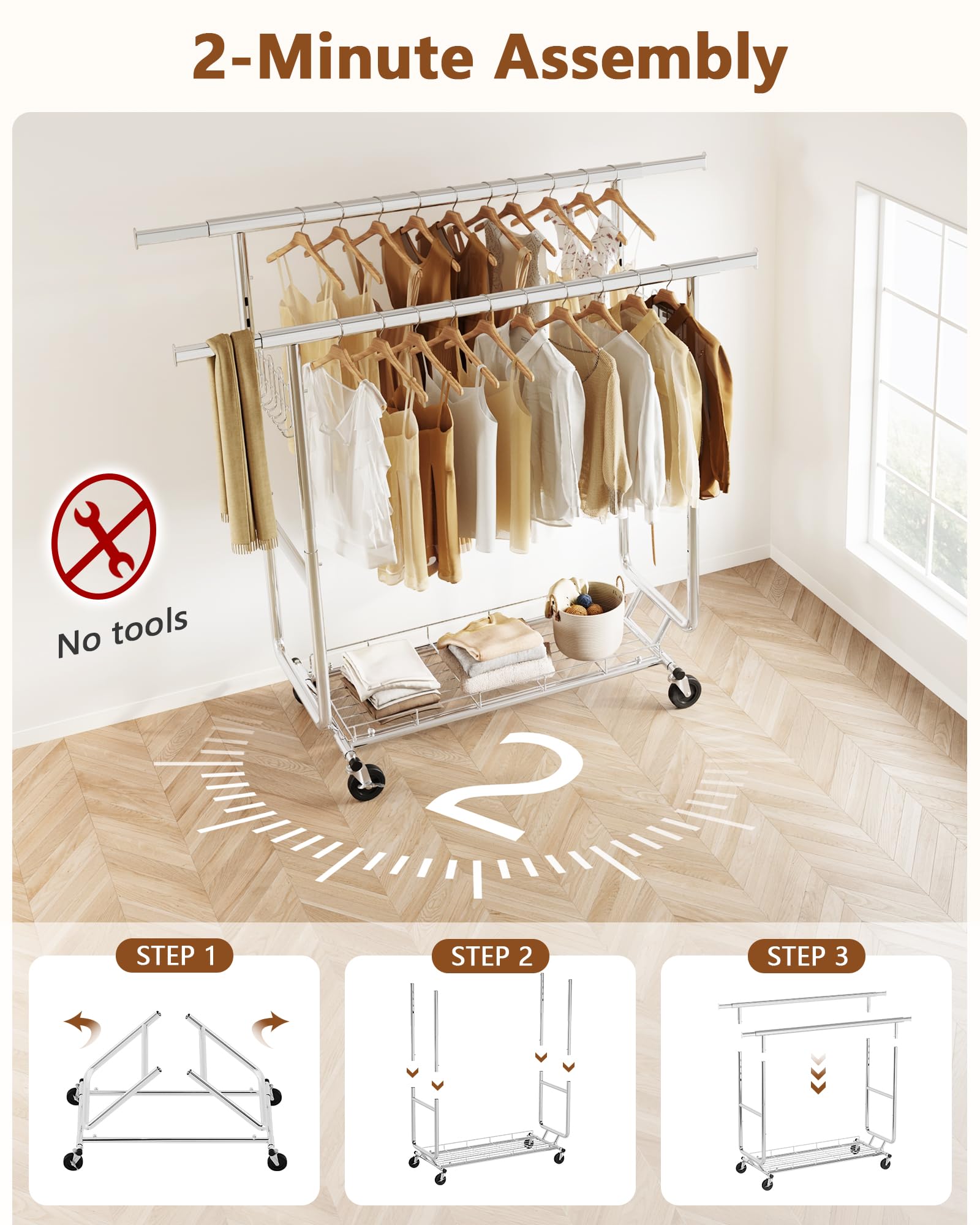 Hoctieon 2-Minute Assembly Double Rod Clothes Rack, Heavy Duty Rolling Clothing Racks with Wheels, Foldable Commercial Garment Rack, Extendable Hanging Bar, Adjustable Metal Pole with Hooks, Chrome