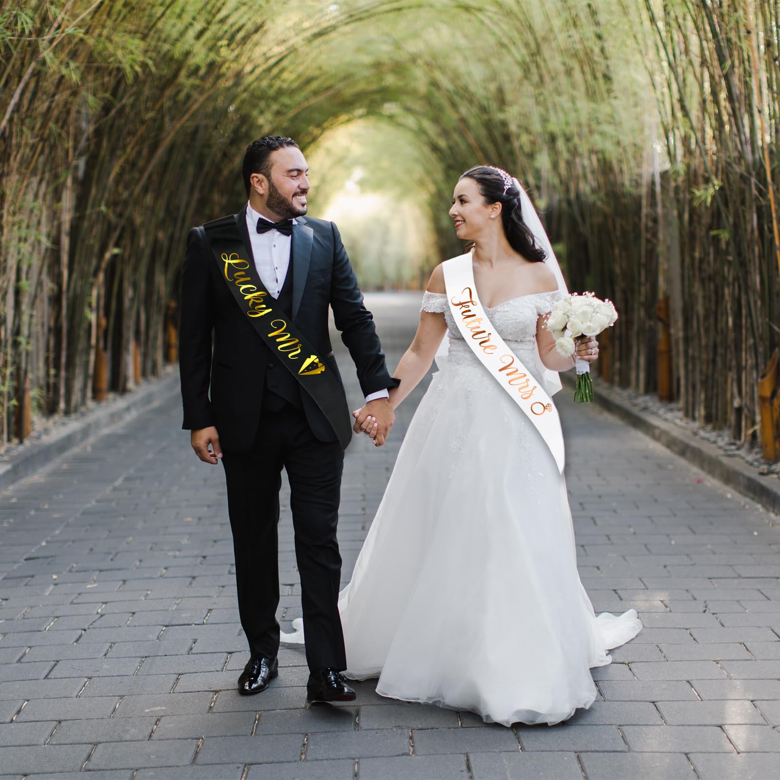 Lucky Mr & Future Mrs - Groom to Be Sash and Bride to Be Sash Set, Funny Black Bachelor & White Bachelorette Sashes for Bridal Shower Wedding Party Decorations Engagement Gifts (Gold + Rose Gold)