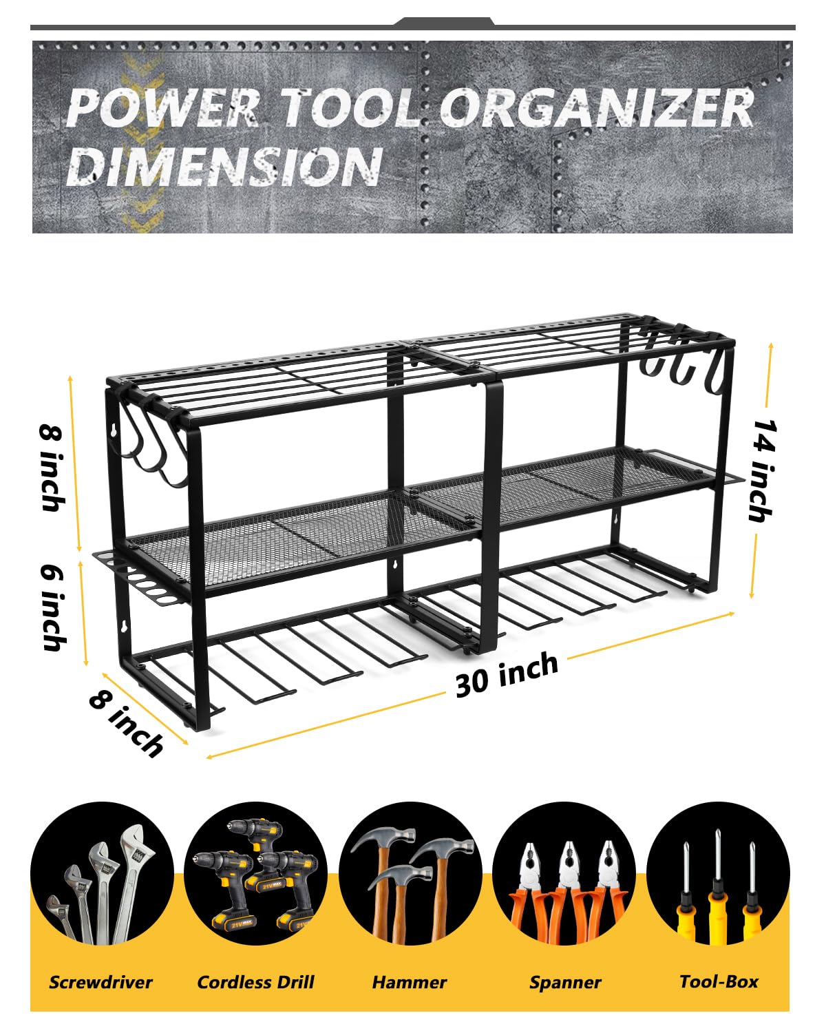 Birodeko Power Tool Organizer Wall Mount, Heavy Duty Utility Tool Rack with 8 Drill Holders and 3-Layer High Capacity Storage Rack for Cordless Tool Screwdriver Plier Hammer Holder