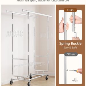 Hoctieon 2-Minute Assembly Double Rod Clothes Rack, Heavy Duty Rolling Clothing Racks with Wheels, Foldable Commercial Garment Rack, Extendable Hanging Bar, Adjustable Metal Pole with Hooks, Chrome