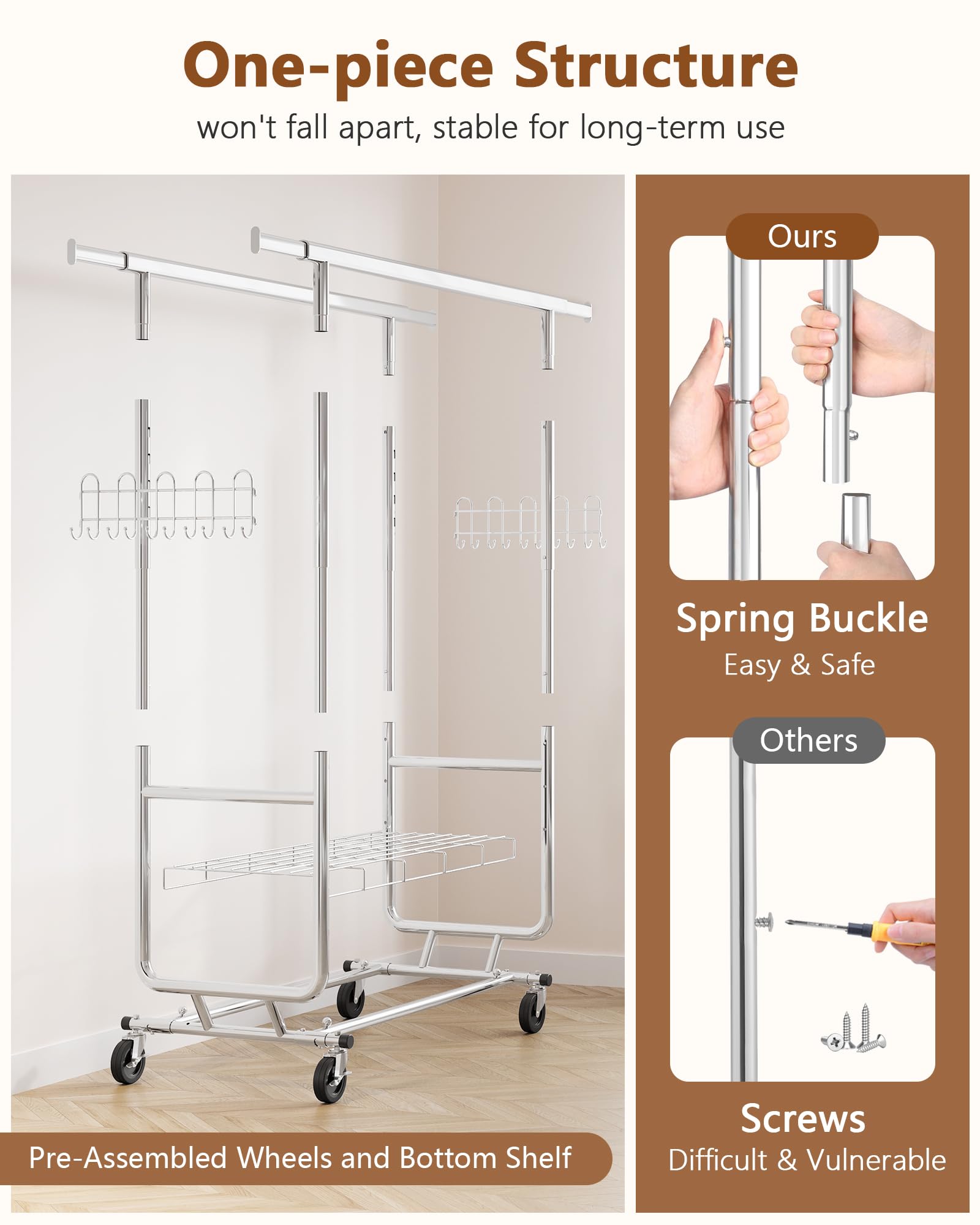 Hoctieon 2-Minute Assembly Double Rod Clothes Rack, Heavy Duty Rolling Clothing Racks with Wheels, Foldable Commercial Garment Rack, Extendable Hanging Bar, Adjustable Metal Pole with Hooks, Chrome