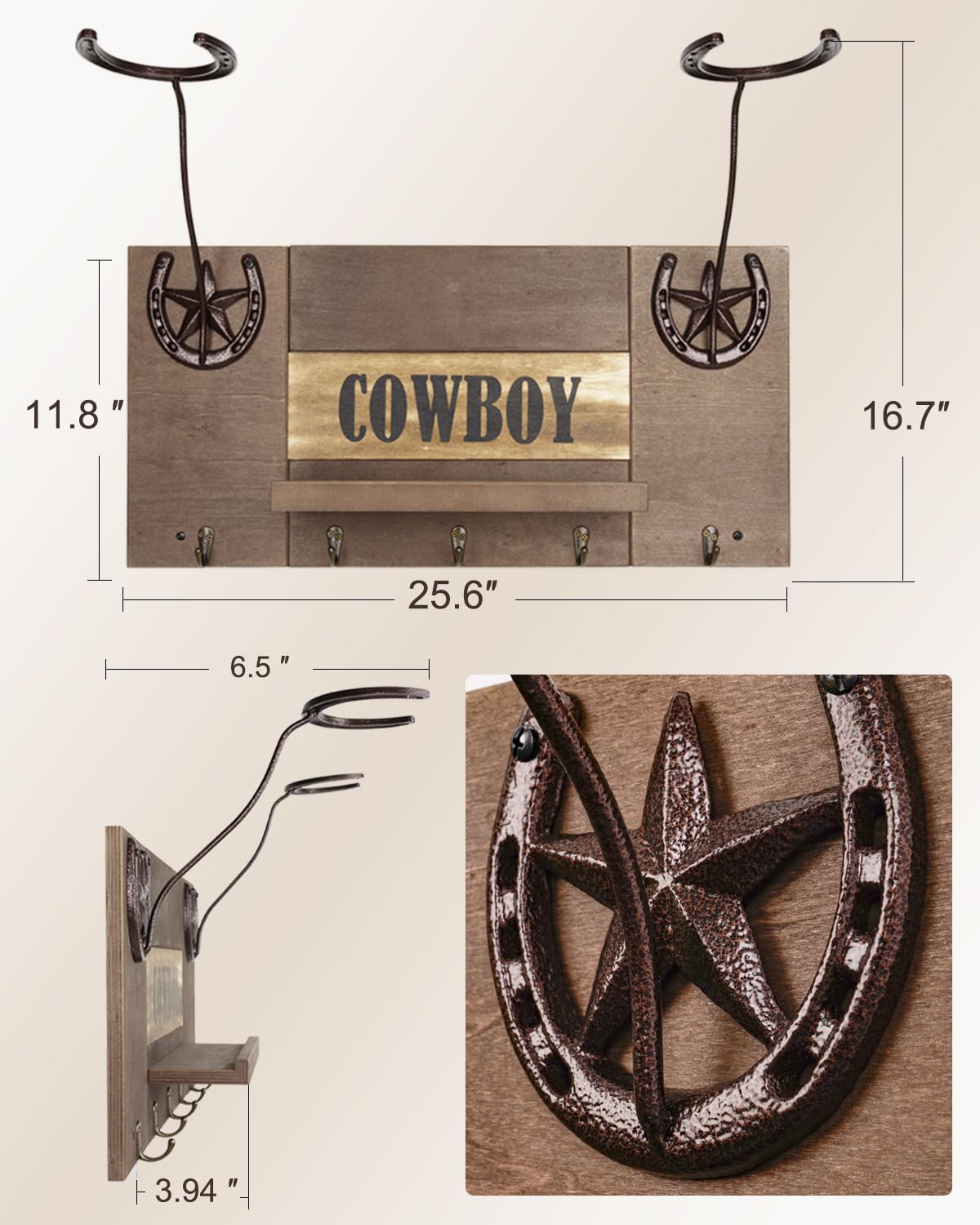 Cowboy Hat Holder for Wall with Shelf and 5 Hooks Western Cast Iron Hat Rack Rustic Wood Cowboy Hat Hanger for Entryway Closet Western Wall Decor Hat Hooks 25.6x11.8x6.5 in Men's Christmas Gift