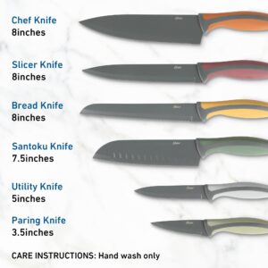 Oster Ronnan 12 Piece Knife Set, 6 Assorted Color Knives w/Nonstick Blades and 6 Sheaths