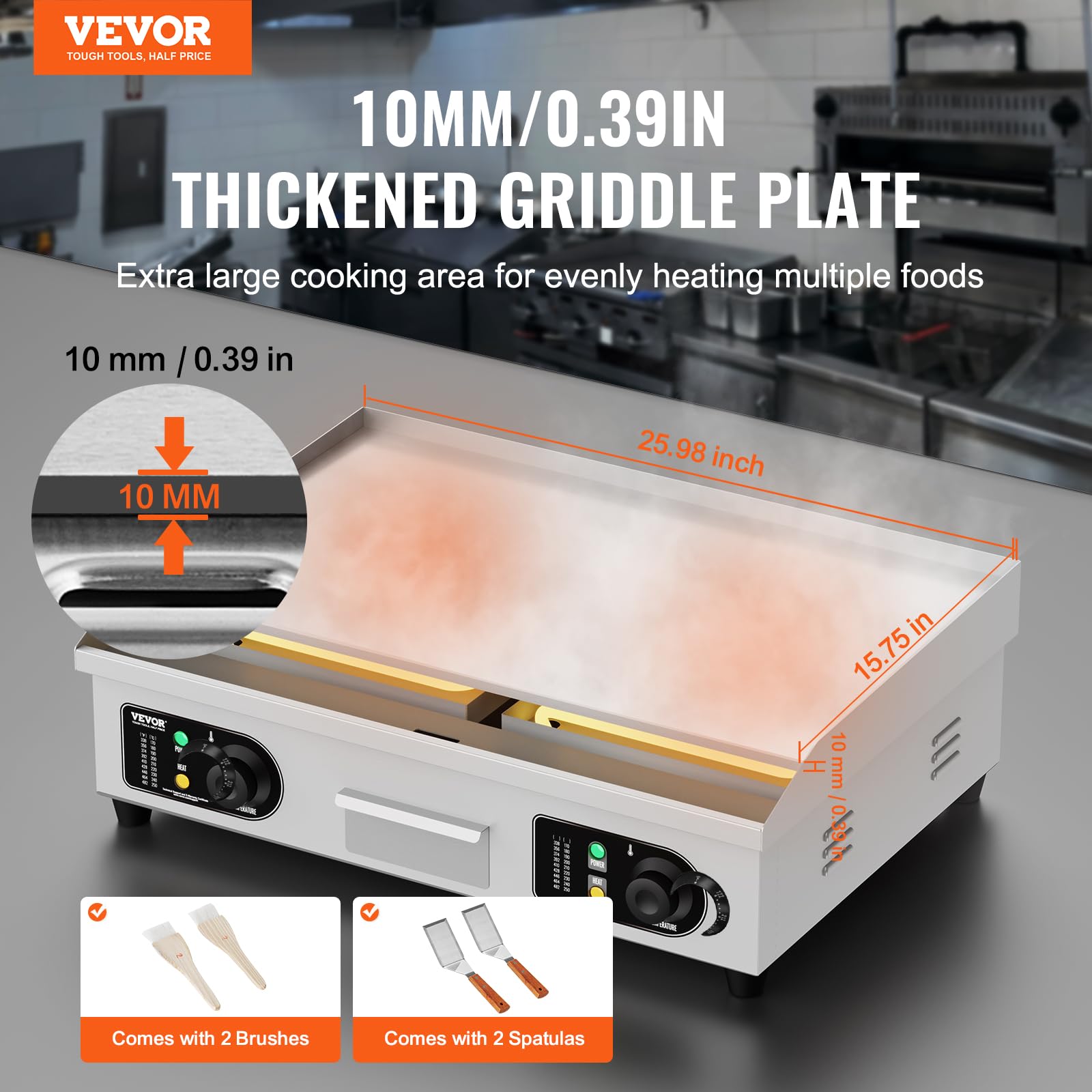 VEVOR Commercial Electric Griddle, 2800W Countertop Flat Top Grill, 26in Stainless Steel Griddle Grill with 2 Shovels and 2 Brushes for Home or Restaurant, 122℉-572 ℉ Adjustable Temp