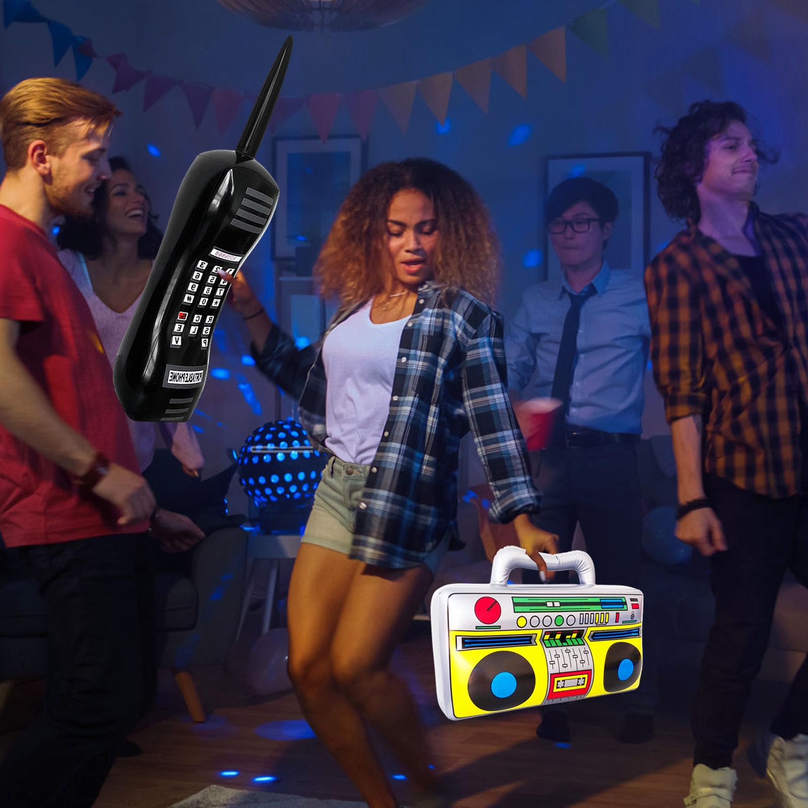 8 Pcs Inflatable Radio Boombox Retro Inflatable Mobile Phone Rock Inflatable Guitar Toy Set,Blow up Props for 80s 90s Party Decorations,Hip Hop Theme Birthday Party Supplies