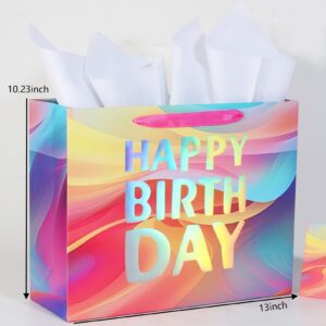 PARNOG 13" Large Happy Birthday Gift Bag with Tissue Paper and Card for Girls Kids Women Birthday