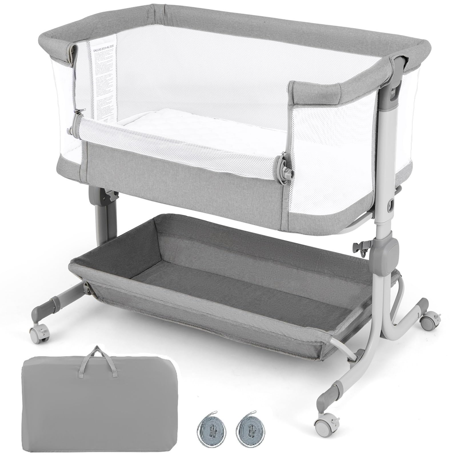 INFANS 3 in 1 Baby Bassinet, Bedside Sleeper with Comfy Mattress, Wheels, 6 Height Adjustable, Storage Basket, Travel Bag, Portable All Mesh Crib for Newborn Infant (Gray)