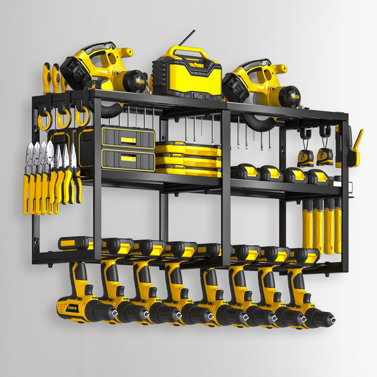 Birodeko Power Tool Organizer Wall Mount, Heavy Duty Utility Tool Rack with 8 Drill Holders and 3-Layer High Capacity Storage Rack for Cordless Tool Screwdriver Plier Hammer Holder