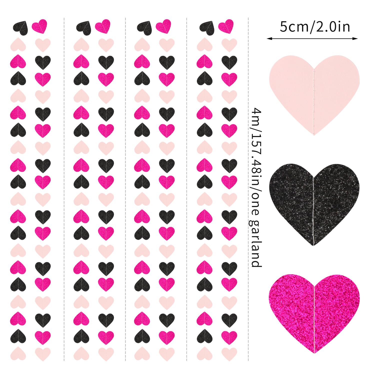 Hot-Pink Black Birthday Party-Decorations Streamers - 62FT Baby Girls Hanging Heart Garland Banner,Wedding Baby Bridal Shower Bachelorette Graduation Valentines Backdrop Decor Hugtmr