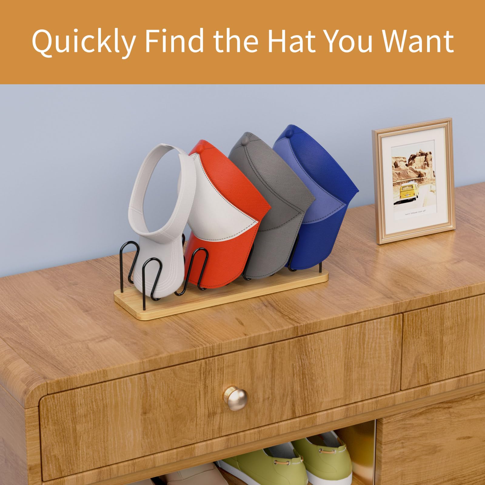 PECHOI Hat Organizer for baseball Caps 2 Pack Wooden Hat Rack Stand for Closet Storage up to 14 Ball Caps