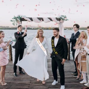 Lucky Mr & Future Mrs - Groom to Be Sash and Bride to Be Sash Set, Funny Black Bachelor & White Bachelorette Sashes for Bridal Shower Wedding Party Decorations Engagement Gifts (Gold + Rose Gold)