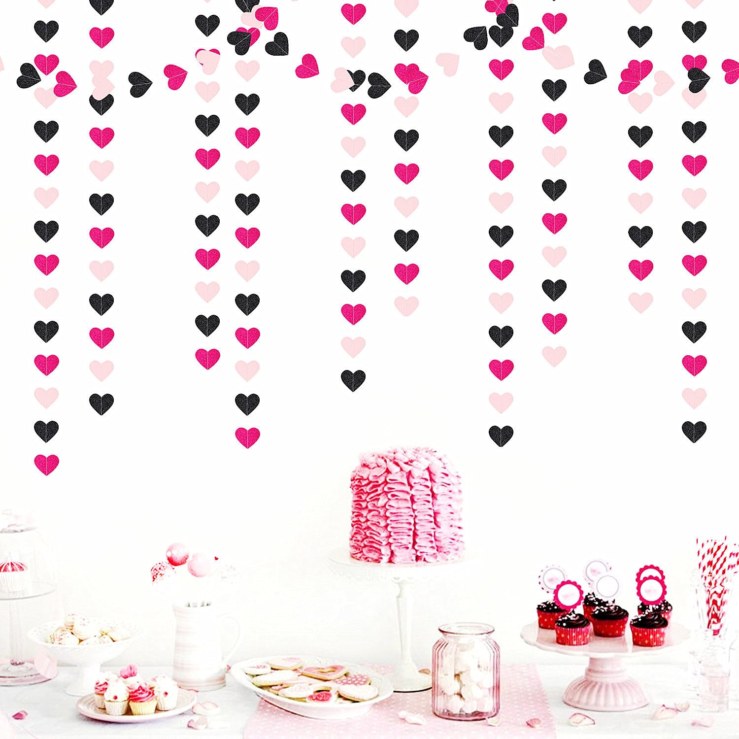 Hot-Pink Black Birthday Party-Decorations Streamers - 62FT Baby Girls Hanging Heart Garland Banner,Wedding Baby Bridal Shower Bachelorette Graduation Valentines Backdrop Decor Hugtmr