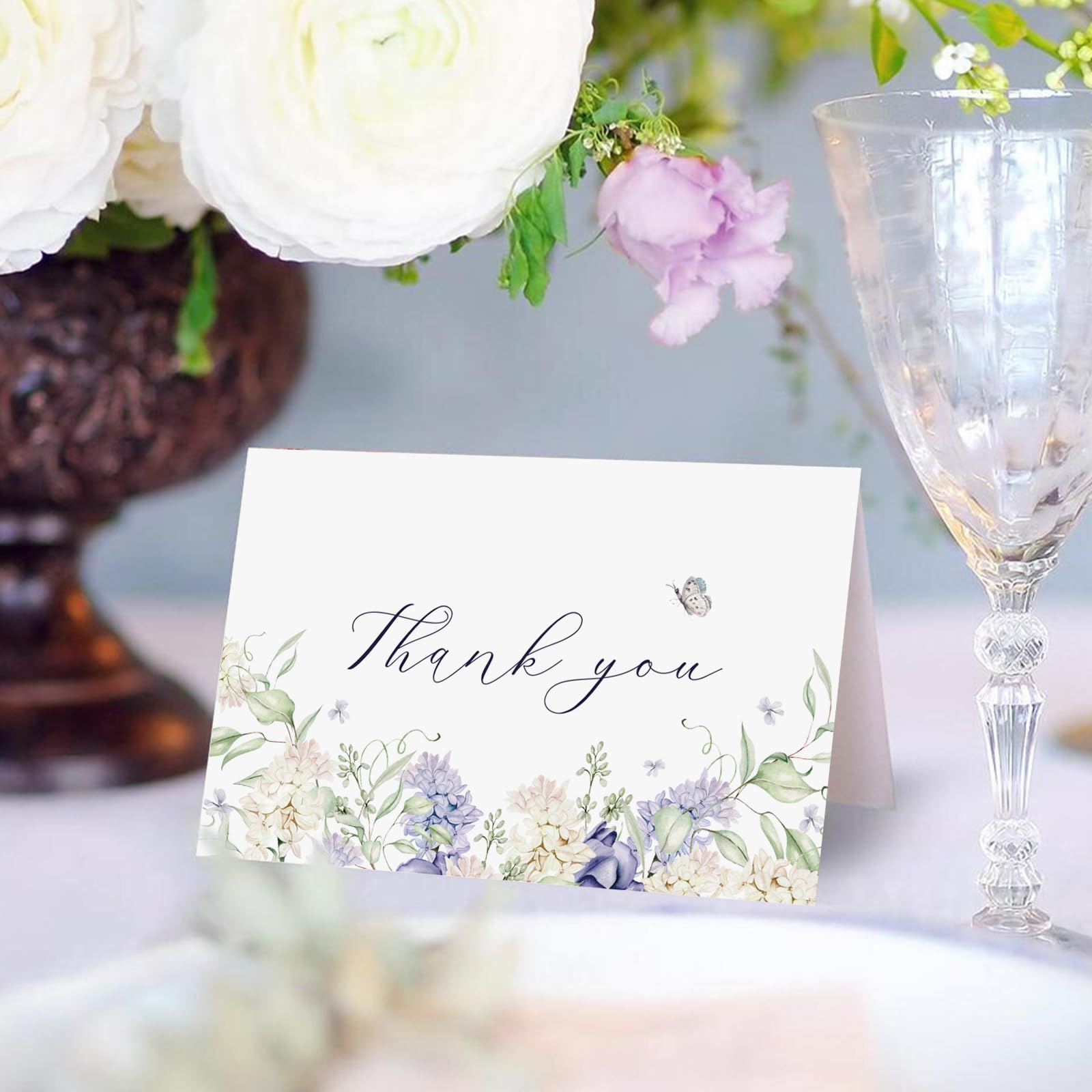 BYBOUS 50 Pack Floral Thank You Cards with Envelopes, Watercolor Butterfly Wildflower Greeting Blank Cards Set for Wedding Baby Shower Bridal Shower Birthday 4x6 Inch, bulk (White,Purple-50)