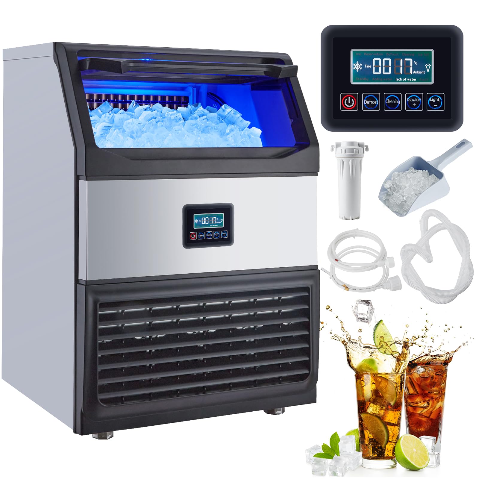 GarveeTech Commercial Ice Maker Machine, 200LB/24H Stainless Steel Under Counter Ice Maker with 55LBS Storage Capacity, 90 Ice Cubes Ready in 11-18Mins for Home, Bar, Restaurant, Outdoor Activities