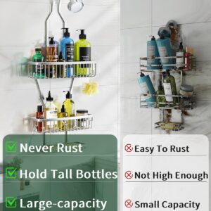 Shower Caddy Hanging Bathroom Organizer: Over Head Long Rack for Tall Showerhead - Extra Large Shelf for Big Shampoo Bottles with Soap Holder