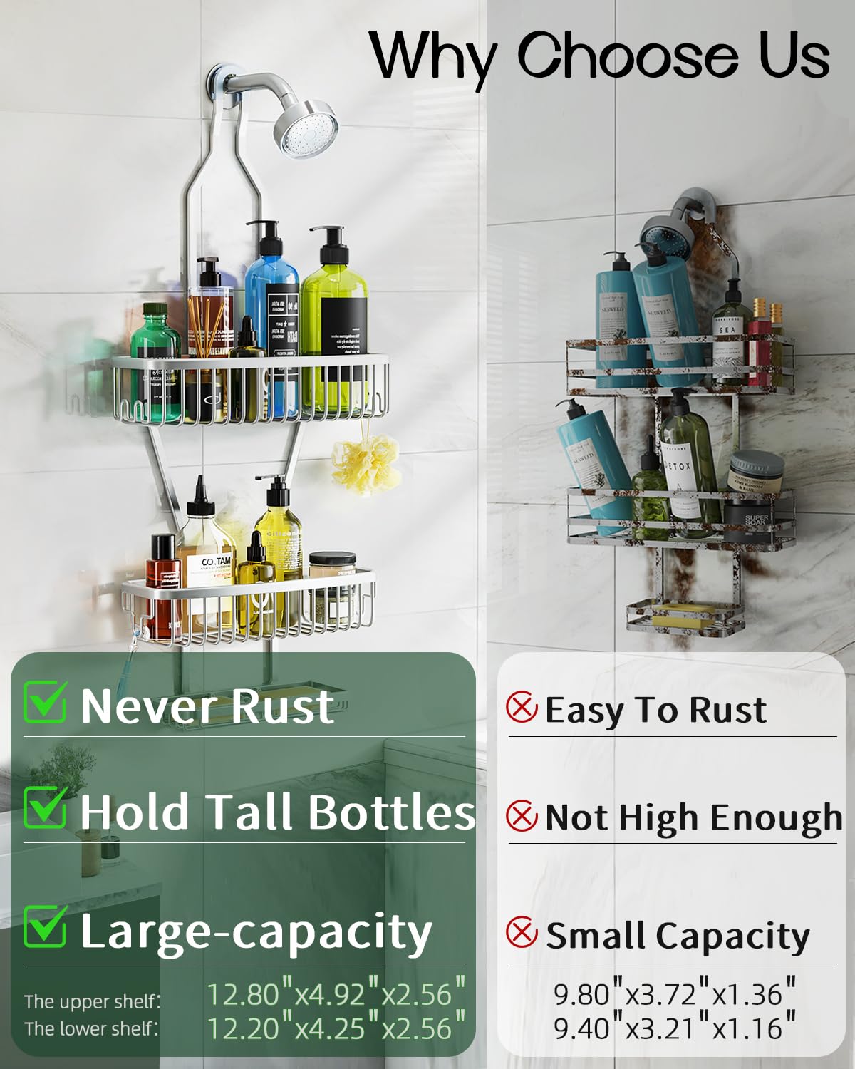 Shower Caddy Hanging Bathroom Organizer: Over Head Long Rack for Tall Showerhead - Extra Large Shelf for Big Shampoo Bottles with Soap Holder