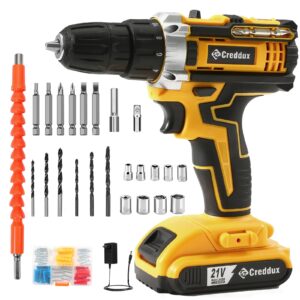 creddux cordless drill set 21v power drill cordless with battery & charger, 84pcs accessories electric drill variable speed, 3/8'' keyless chuck, built-in level and 2 driver bits yellow kit