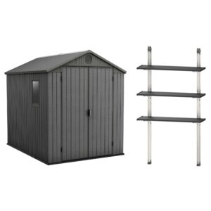 keter darwin 6 x 8 foot outdoor garden tool storage shed backyard utility organizer bundled with 40 inch steel shelving kit, graphite gray