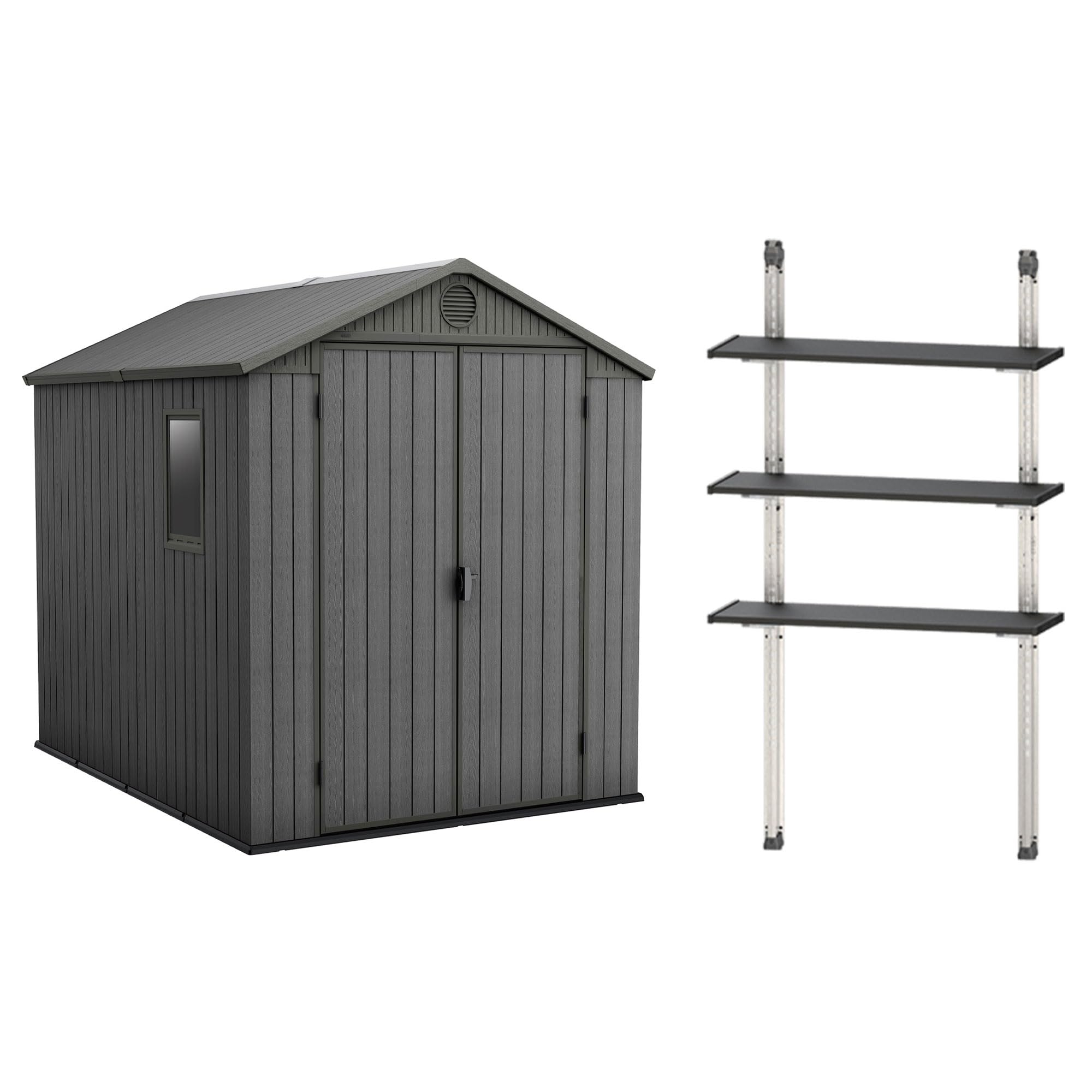 Keter Darwin 6 x 8 Foot Outdoor Garden Tool Storage Shed Backyard Utility Organizer Bundled with 40 Inch Steel Shelving Kit, Graphite Gray