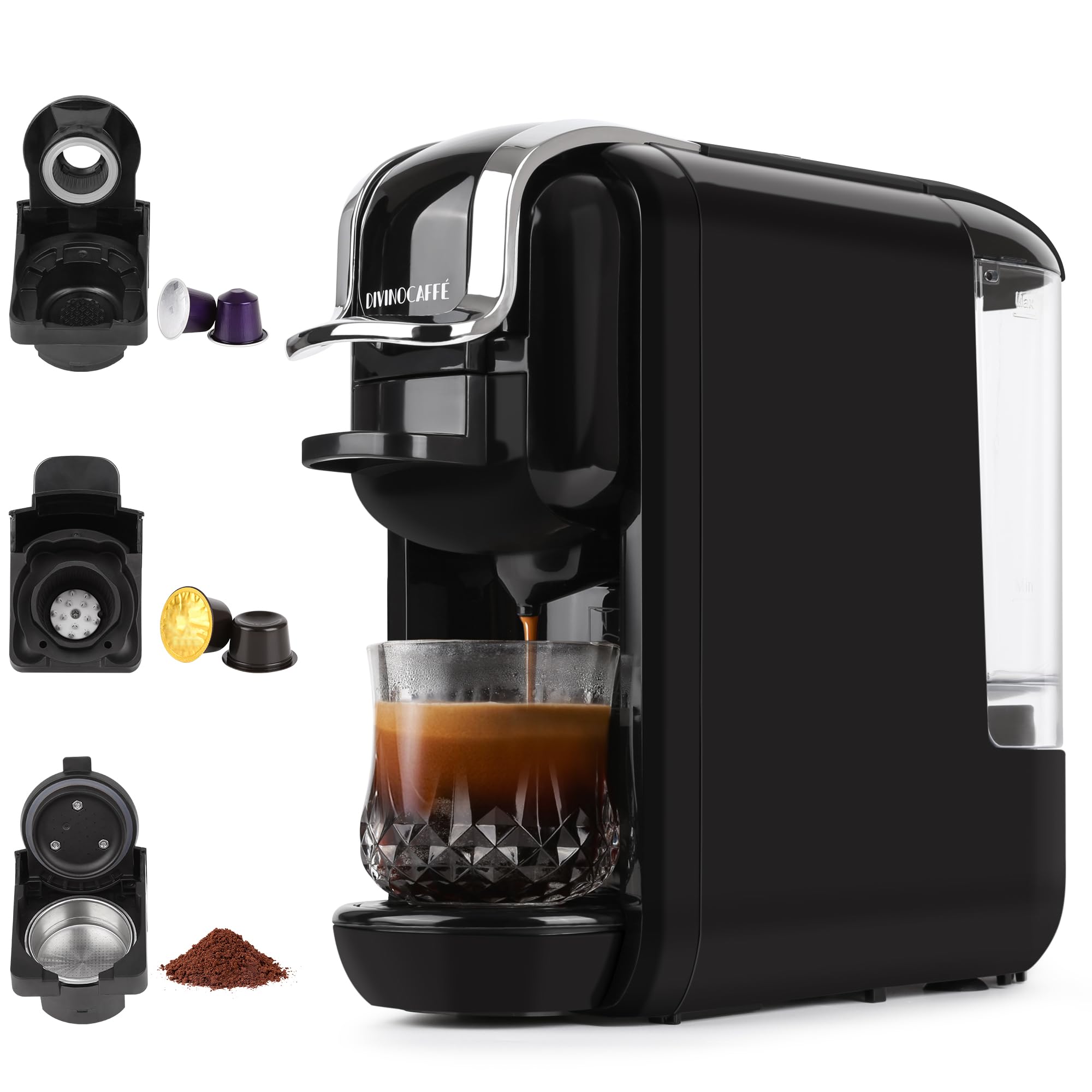 DIVINOCAFFÉ Espresso Maker for Nespresso Capsule, Lavazza Blue Capsule & Coffee Powder, 19 Bar Pump Pressure Makes Authentic Espresso Coffee, Mini Espresso Coffee Machines with Removable Water Tank.