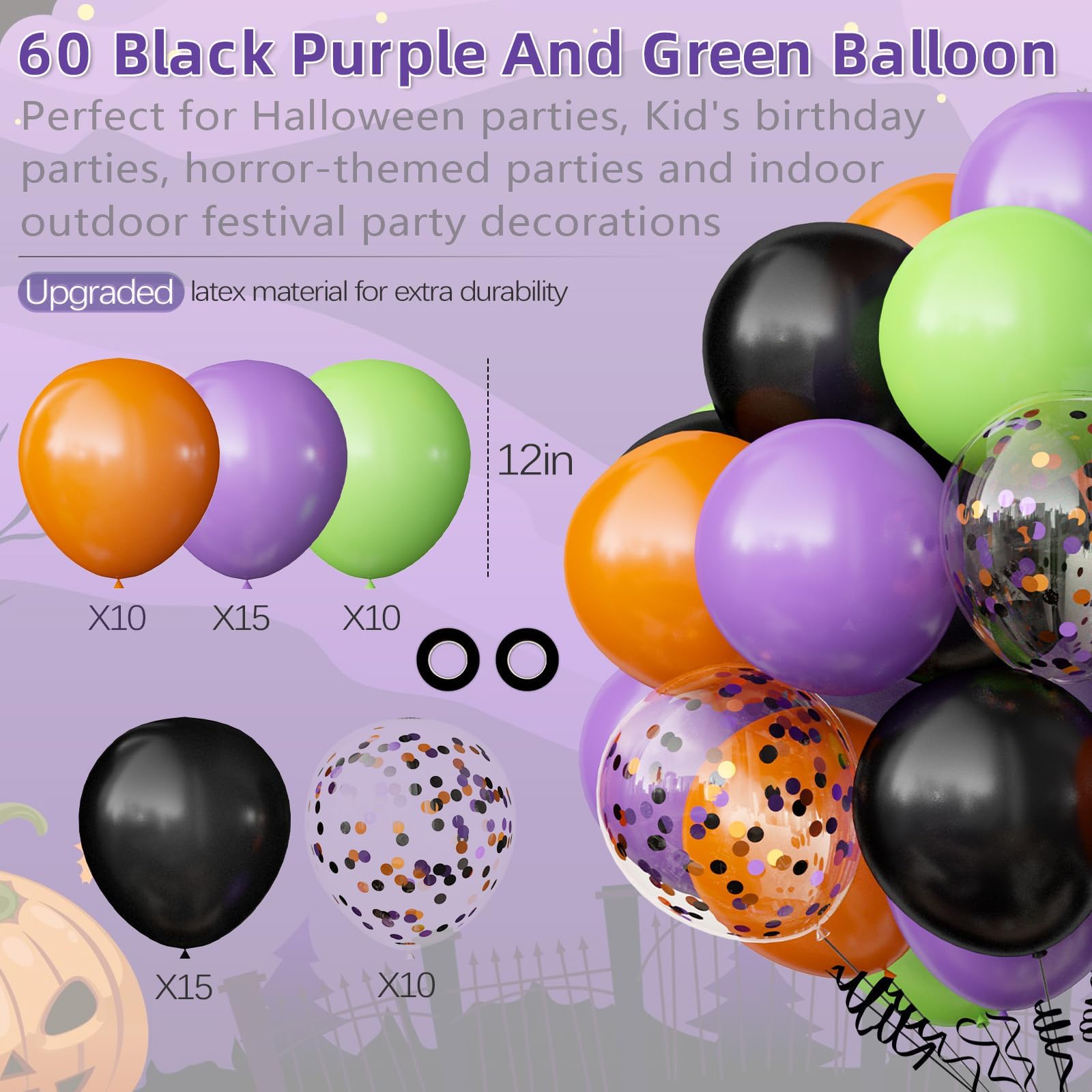 OuMuaMua 62PCS Halloween Party Balloons Decorations, 12 Inch Black Orange Green Purple Balloons Confetti Balloons for Kids Halloween Party Decorations Birthday Baby Shower Bachelorette Favors Supplies