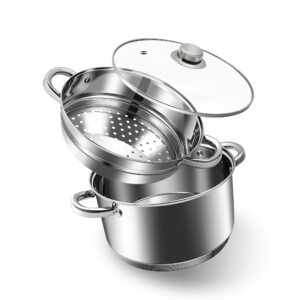 aufranc® 4 quart 18/10 stainless steel tri-ply stockpot and steamer with tempered glass lid, multipurpose steamer pot compatible with all cooktops, non-toxic soup pot, oven & dishwasher safe (silver)