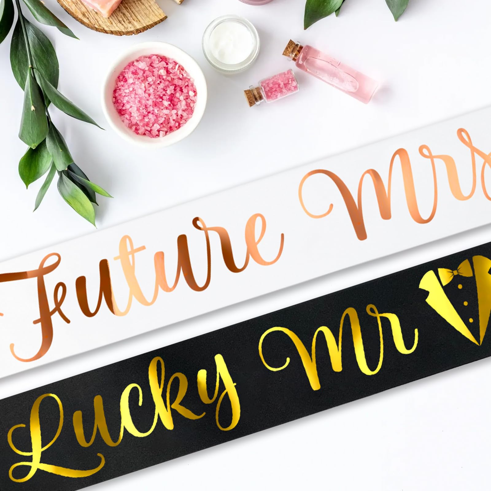 Lucky Mr & Future Mrs - Groom to Be Sash and Bride to Be Sash Set, Funny Black Bachelor & White Bachelorette Sashes for Bridal Shower Wedding Party Decorations Engagement Gifts (Gold + Rose Gold)