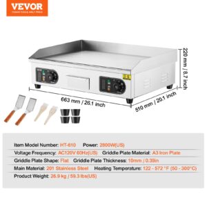 VEVOR Commercial Electric Griddle, 2800W Countertop Flat Top Grill, 26in Stainless Steel Griddle Grill with 2 Shovels and 2 Brushes for Home or Restaurant, 122℉-572 ℉ Adjustable Temp