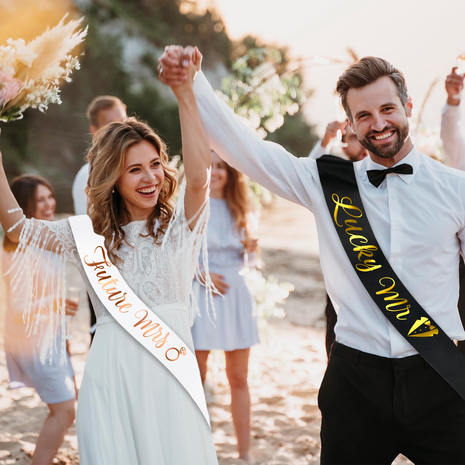 Lucky Mr & Future Mrs - Groom to Be Sash and Bride to Be Sash Set, Funny Black Bachelor & White Bachelorette Sashes for Bridal Shower Wedding Party Decorations Engagement Gifts (Gold + Rose Gold)