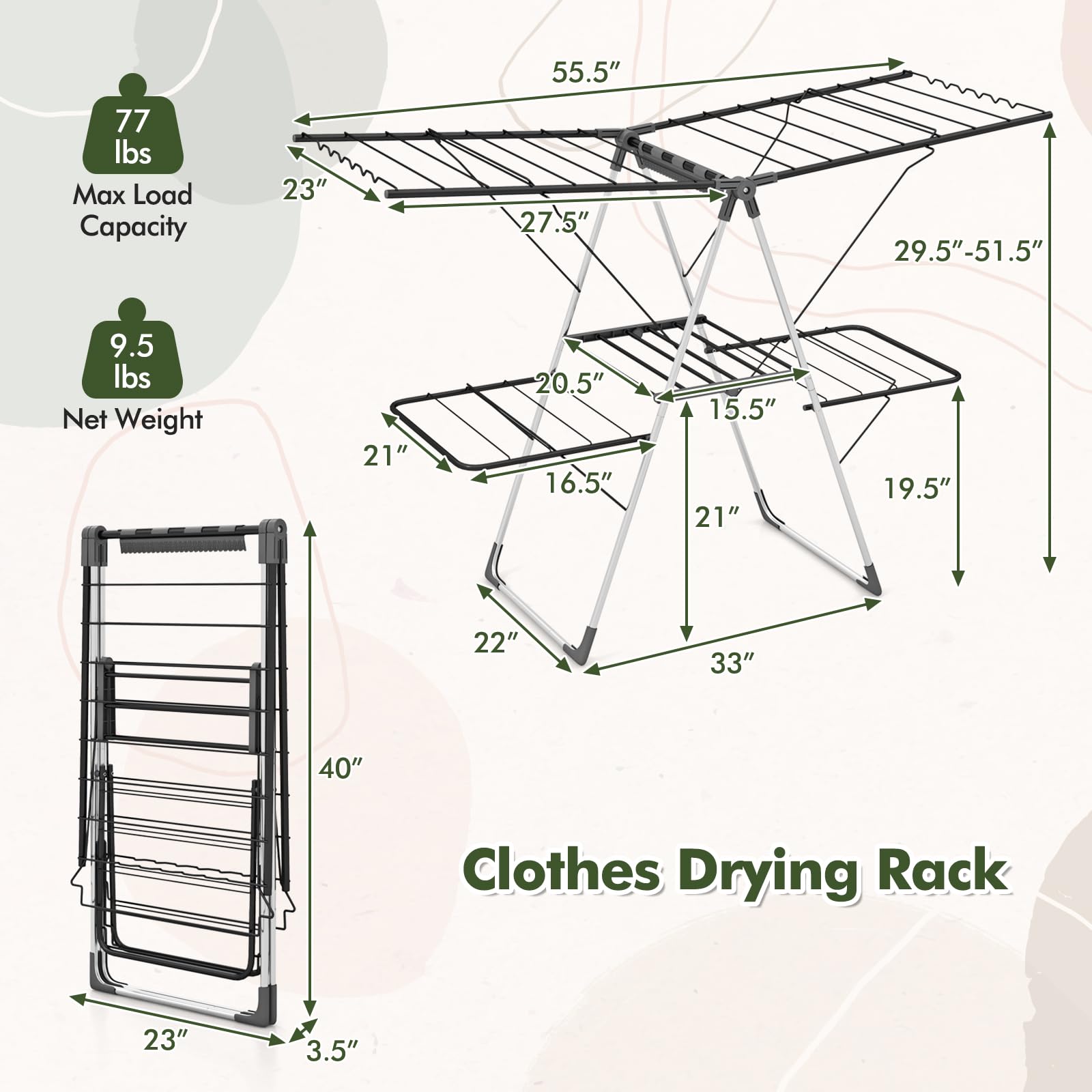 Tangkula Laundry Drying Rack, Foldable Clothes Drying Rack with Height Adjustable Wings, 33 Drying Rails & Sock Clips, Freestanding Gullwing Garment Stand for Indoor & Outdoor Use (Sliver+Grey)