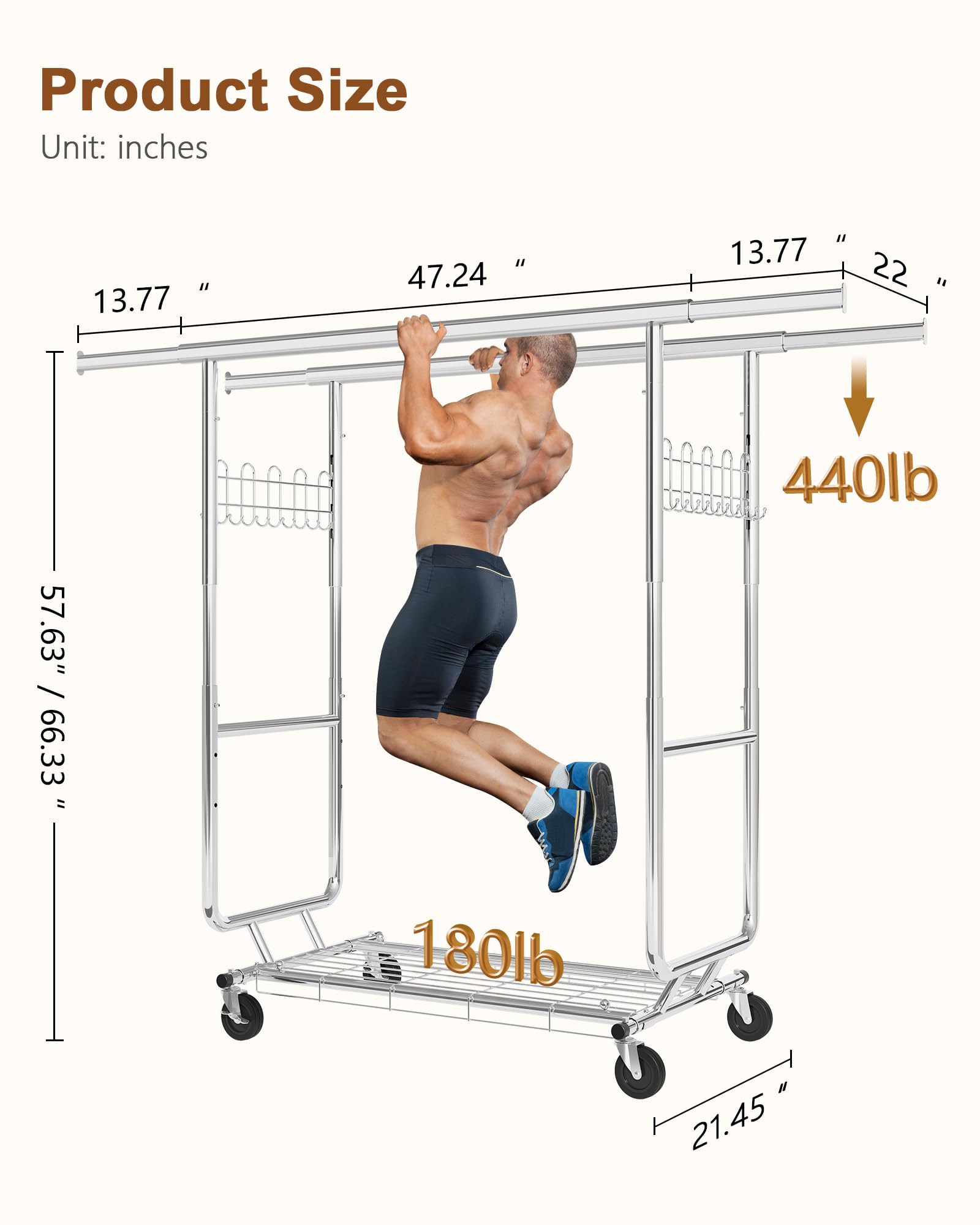 Hoctieon 2-Minute Assembly Double Rod Clothes Rack, Heavy Duty Rolling Clothing Racks with Wheels, Foldable Commercial Garment Rack, Extendable Hanging Bar, Adjustable Metal Pole with Hooks, Chrome