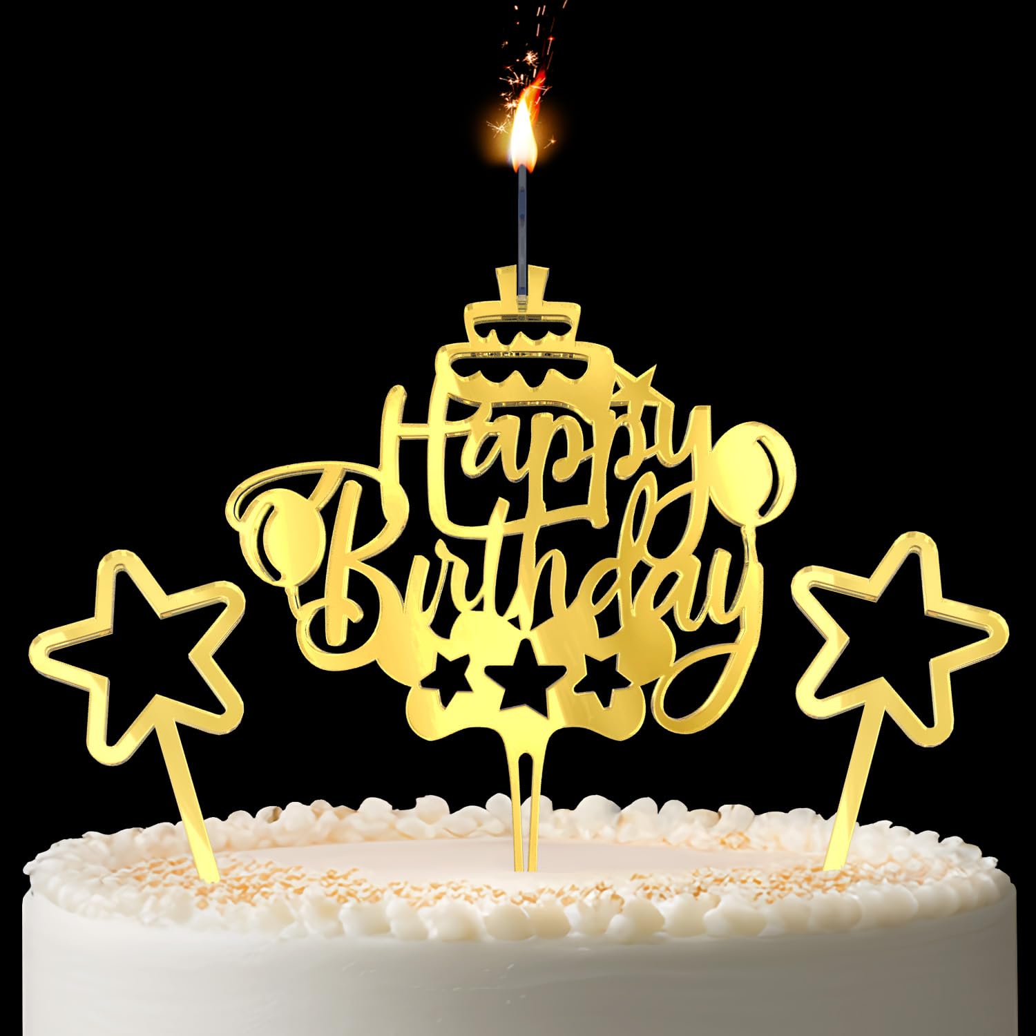 Happy Birthday Cake Topper Candle for Birthday Party Decorations, Acrylic Golden, 2 Wicks (2 Stars)