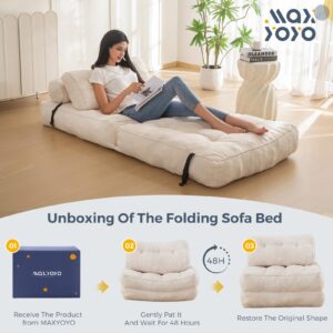 MAXYOYO Folding Sofa Bed, Convertible Sleeper Chair with Pillow Foldable Mattress with Back Support, Portable Fold Out Sofa Couch Fuzzy Fabric Comfy Floor Sofa Lounge for Living Room Apartment, Beige