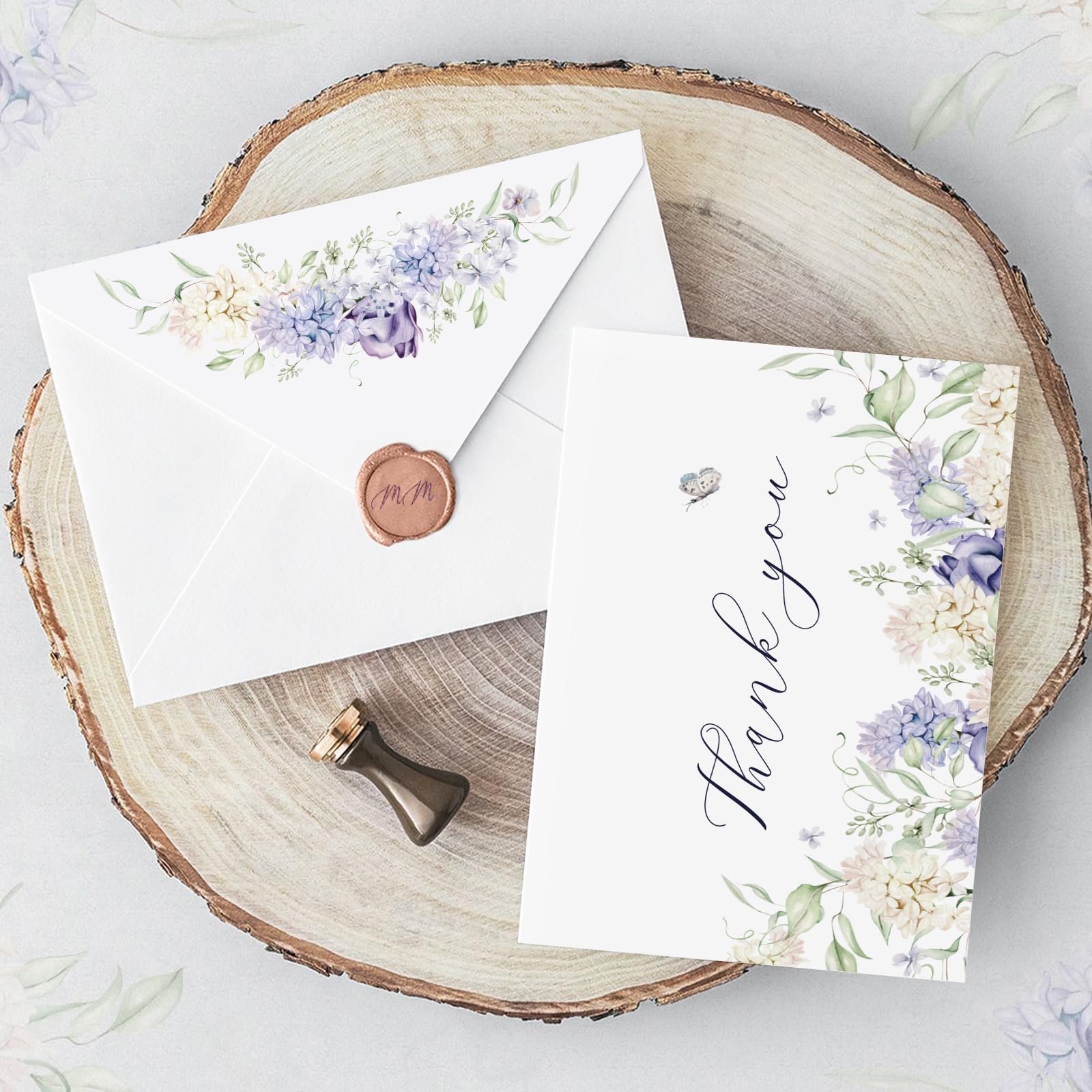 BYBOUS 50 Pack Floral Thank You Cards with Envelopes, Watercolor Butterfly Wildflower Greeting Blank Cards Set for Wedding Baby Shower Bridal Shower Birthday 4x6 Inch, bulk (White,Purple-50)