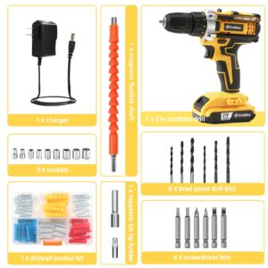 Creddux Cordless Drill Set 21v Power Drill Cordless With Battery & Charger, 84pcs Accessories Electric Drill Variable Speed, 3/8'' Keyless Chuck, Built-In Level and 2 Driver Bits Yellow kit