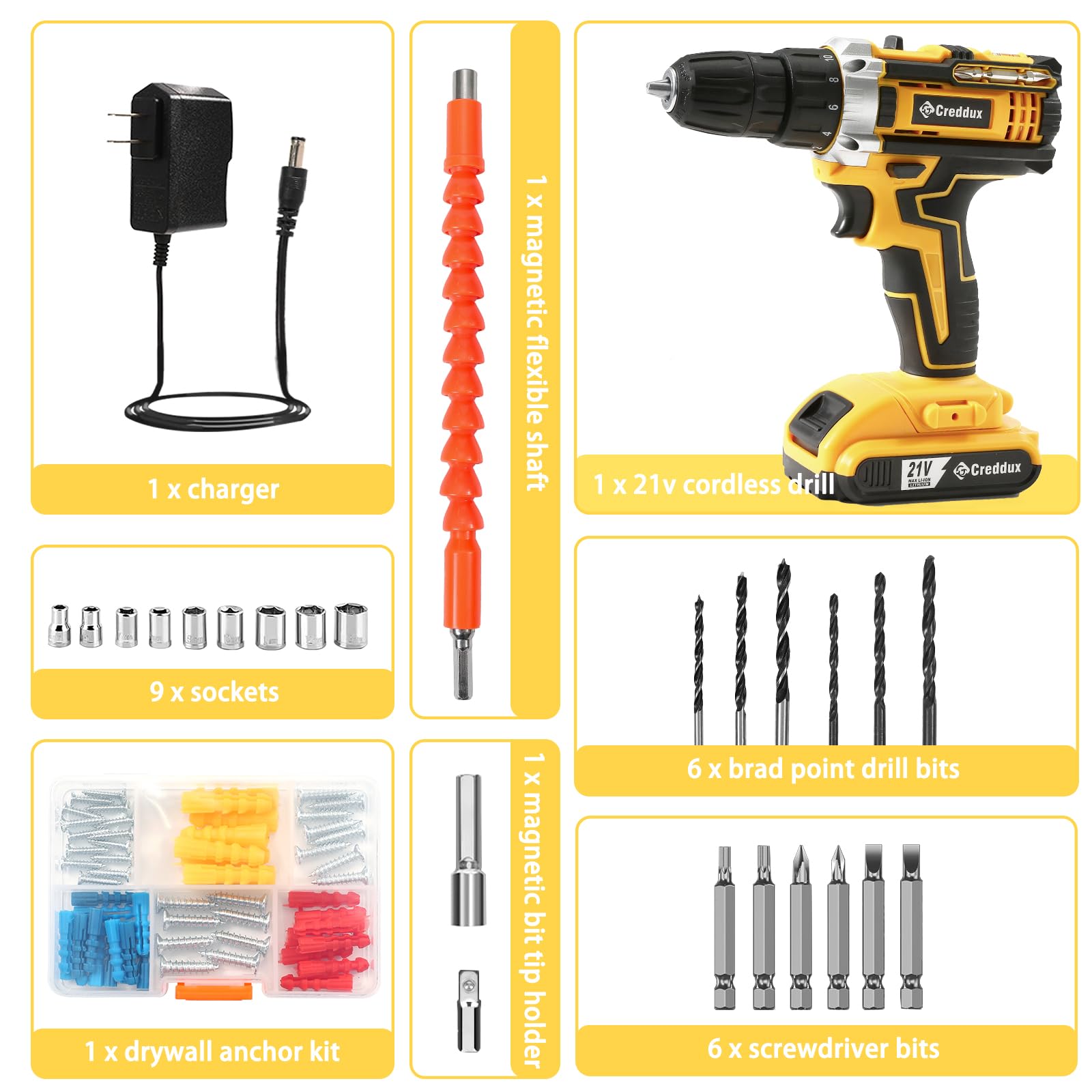 Creddux Cordless Drill Set 21v Power Drill Cordless With Battery & Charger, 84pcs Accessories Electric Drill Variable Speed, 3/8'' Keyless Chuck, Built-In Level and 2 Driver Bits Yellow kit