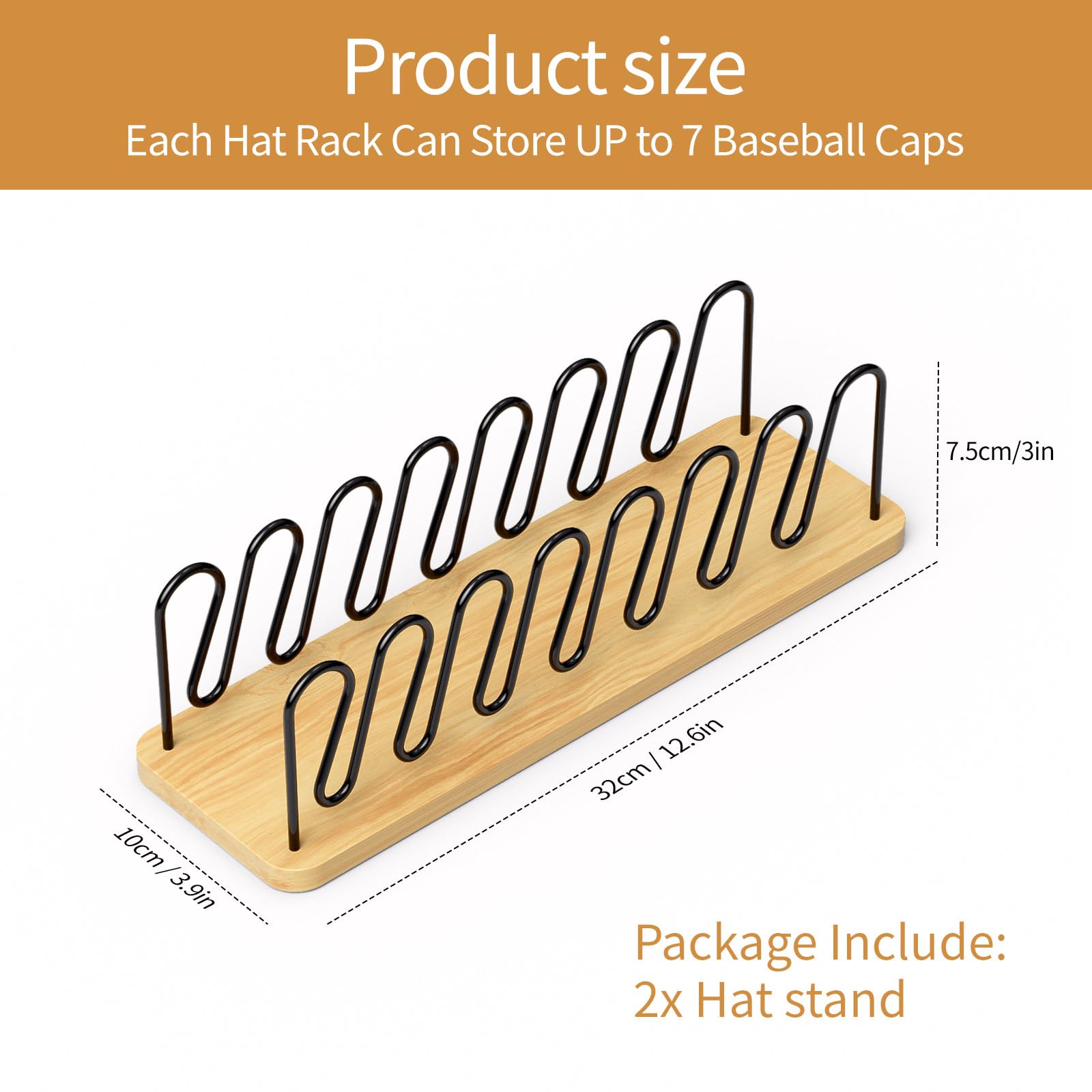 PECHOI Hat Organizer for baseball Caps 2 Pack Wooden Hat Rack Stand for Closet Storage up to 14 Ball Caps