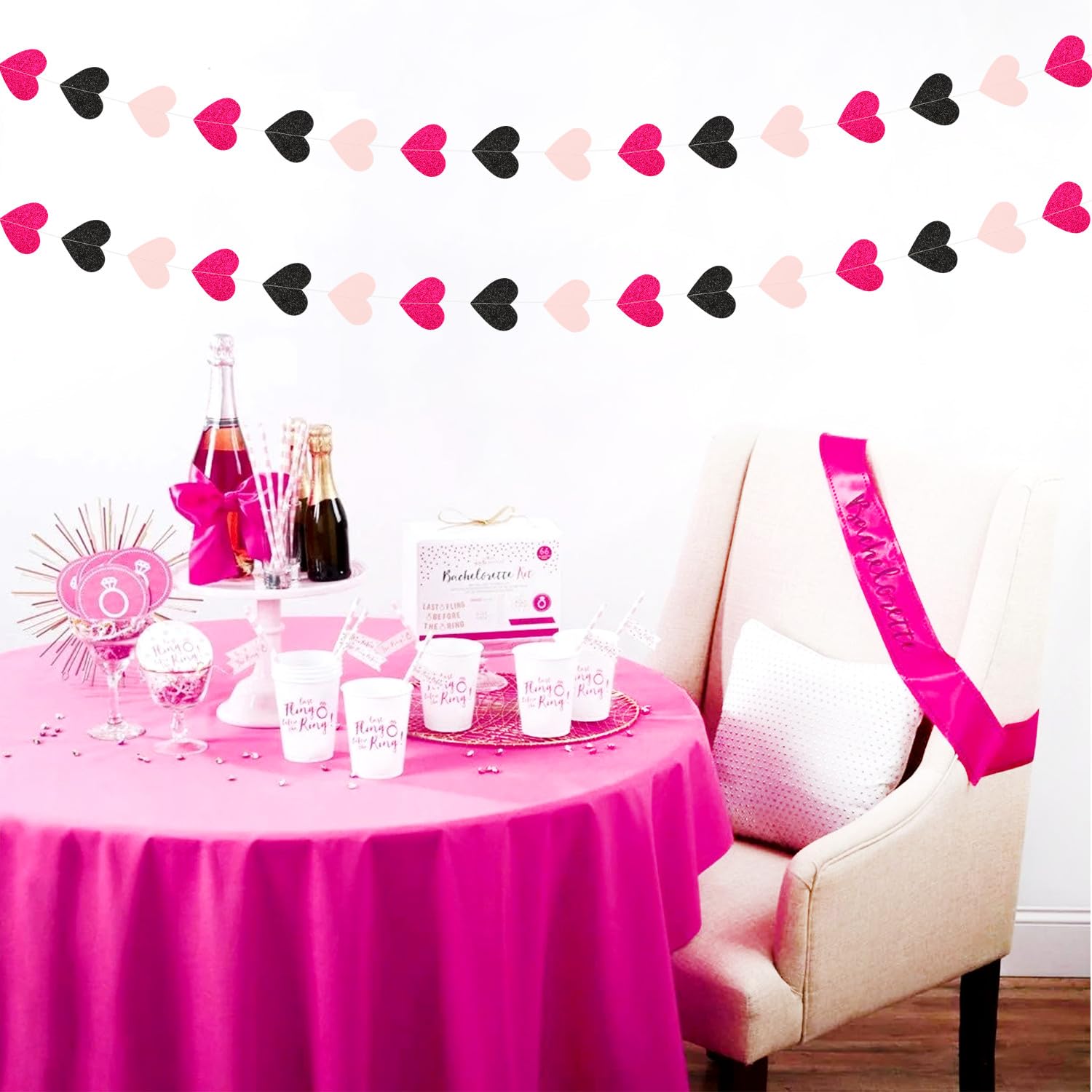 Hot-Pink Black Birthday Party-Decorations Streamers - 62FT Baby Girls Hanging Heart Garland Banner,Wedding Baby Bridal Shower Bachelorette Graduation Valentines Backdrop Decor Hugtmr