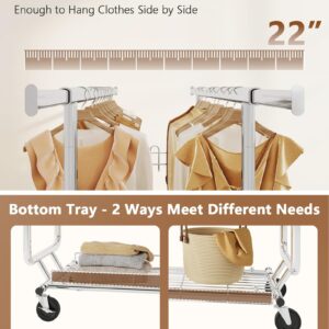 Hoctieon 2-Minute Assembly Double Rod Clothes Rack, Heavy Duty Rolling Clothing Racks with Wheels, Foldable Commercial Garment Rack, Extendable Hanging Bar, Adjustable Metal Pole with Hooks, Chrome