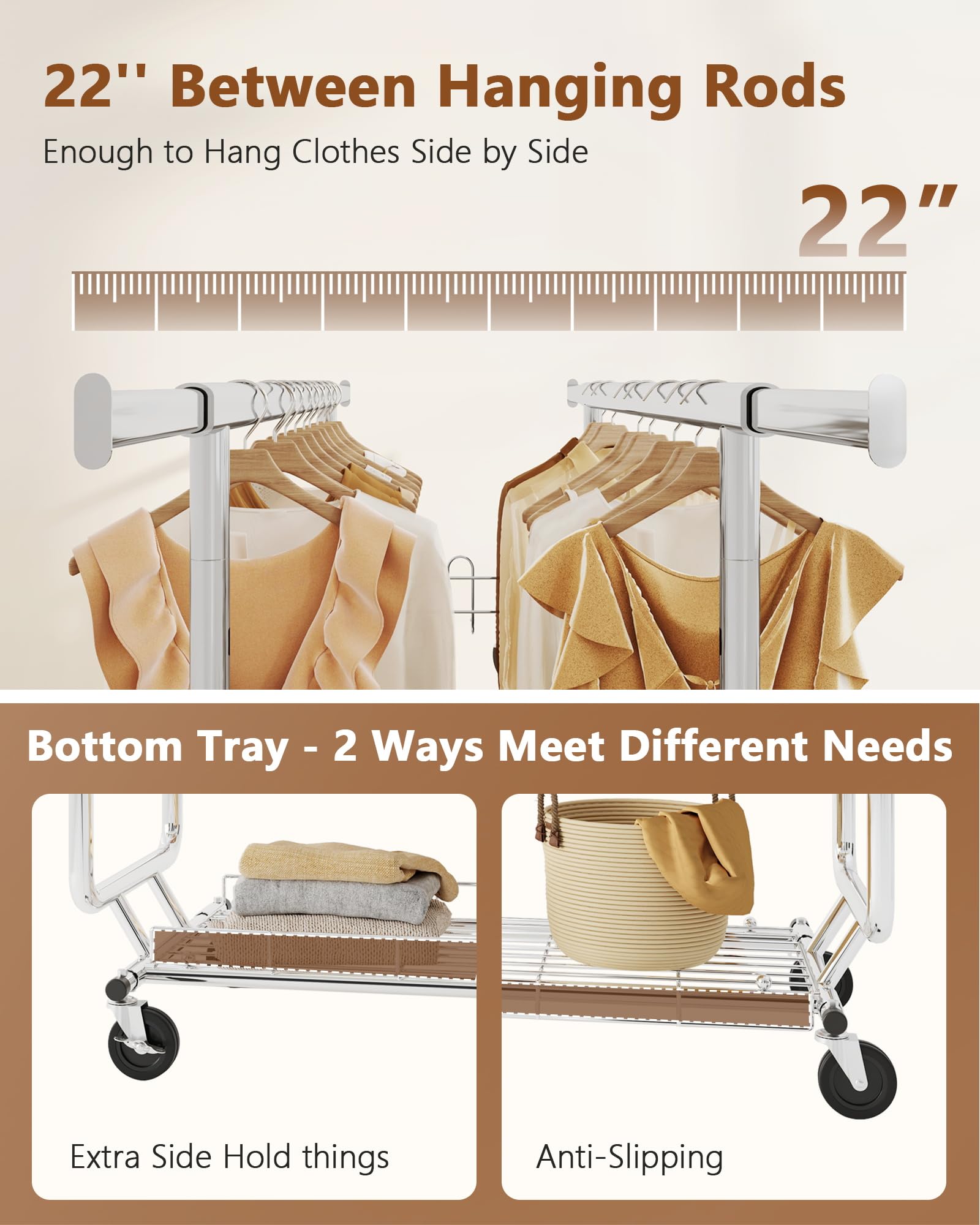 Hoctieon 2-Minute Assembly Double Rod Clothes Rack, Heavy Duty Rolling Clothing Racks with Wheels, Foldable Commercial Garment Rack, Extendable Hanging Bar, Adjustable Metal Pole with Hooks, Chrome