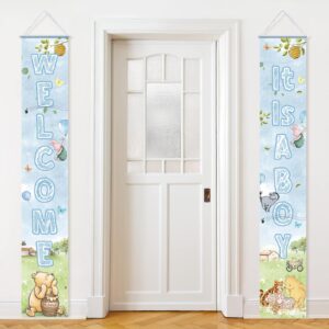 classic winnie porch sign for boys baby shower party the winnie bear themed yard banner blue winnie bear party decorations polyester welcome door hanging decor windproof party supplies 2pcs 12"x71"