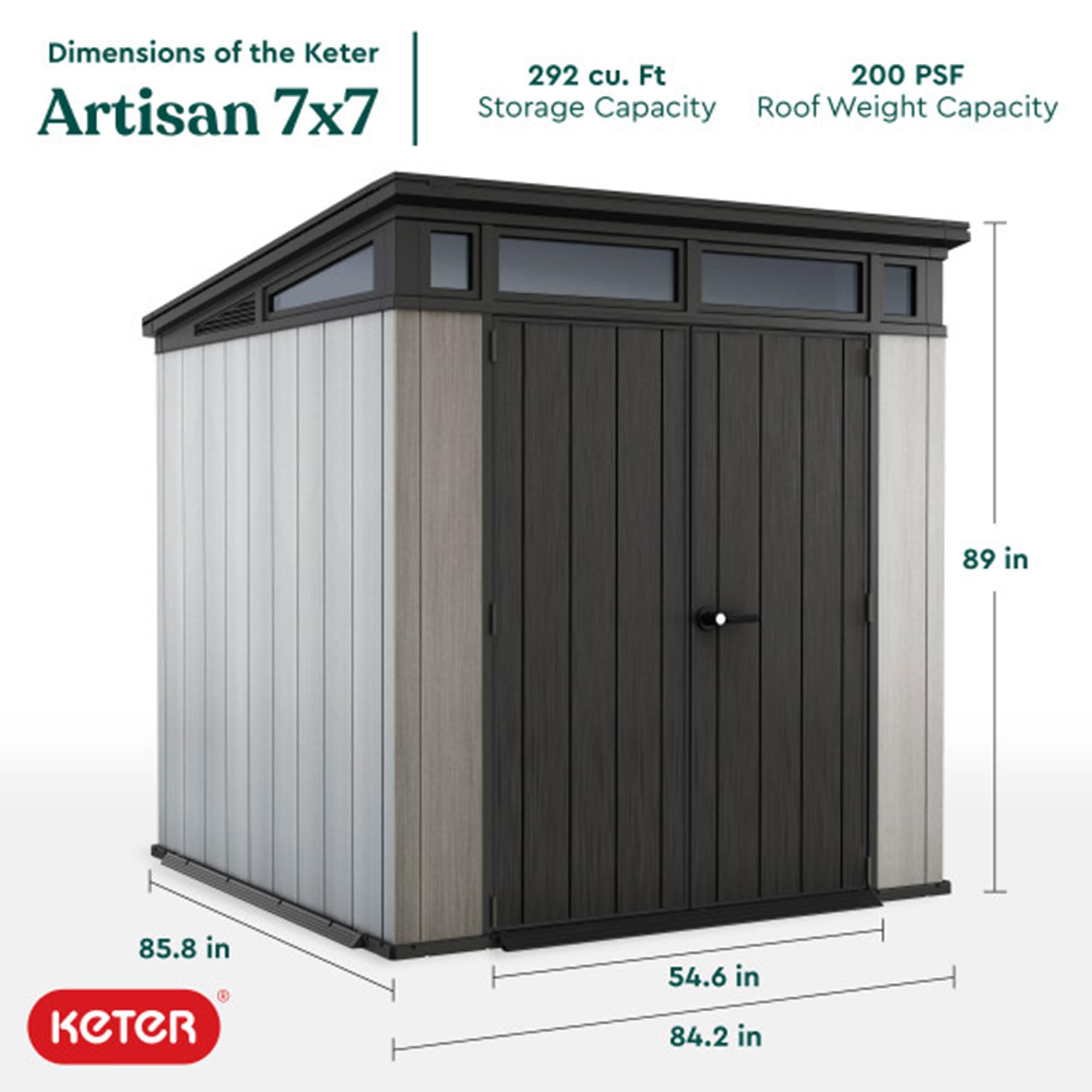 Keter Artisan 7 x 7 Foot Outdoor Garden Tool Storage Shed Backyard Utility Organizer Bundled with 40 Inch Steel Shelving Kit, Gray